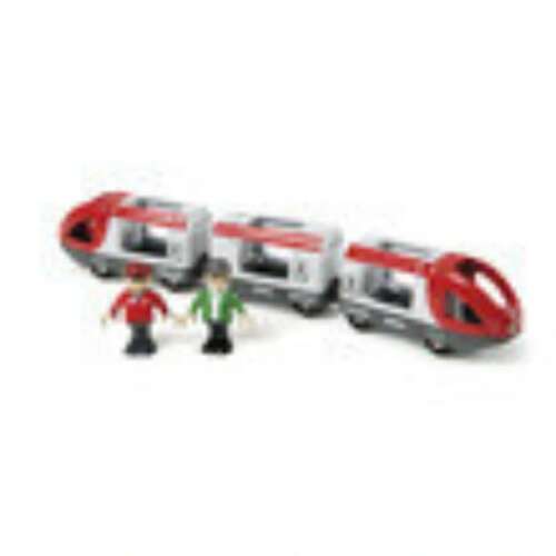 Brio 33505 Tren de călătorie, set de tren din lemn roșu și gri cu două vagoane, două figurine și șine
