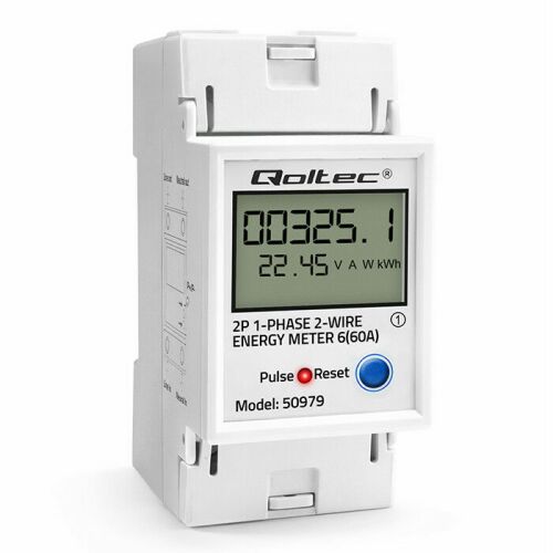 Qoltec Egyfázisú elektronikus energiafogyasztásmérő DIN-sínre RESET időszakos és állandó mérő 230V 60A LCD LED 2P 175765013 - Villamos fogyasztásmérő