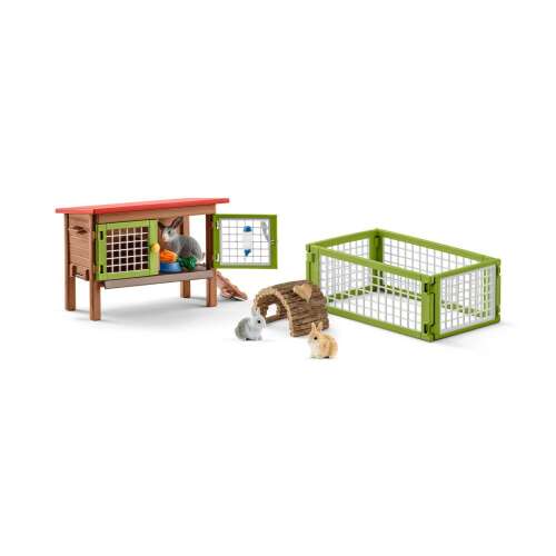 Schleich 42420 Rabbit Hutch with Rabbits Playset, featuring a rabbit hutch, a rabbit enclosure, and three rabbits