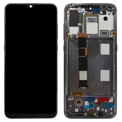 Xiaomi Mi 9 fekete LCD kijelző és érintőpanel kerettel, elöl és hátul nézet - Mobiltelefon kijelző