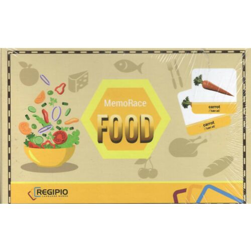 MemoRace Food angol nyelvtanuló memóriajáték gyerekeknek, zöldségekkel, gyümölcsökkel és sárgarépa kártyákkal fonetikus átírással a dobozon - Memória játék