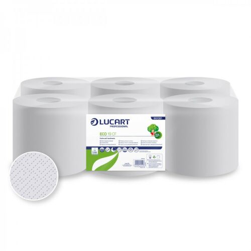 Lucart Eco 19 CF Maxi 2 rétegű 100m újrahasznosított kéztörlő, 6 tekercses zsugorcsomagolásban, termékcsomagolás részleteivel és textúramintával - Háztartási papírtermék
