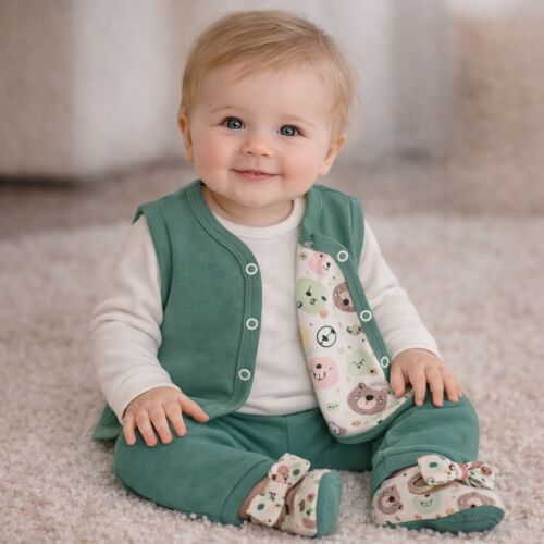 Aranyos kisfiú visel egy zöld Dartomik PAMUT MELLÉNY 62 BASILIA ujjatlan mellényt és hozzáillő nadrágot, szőnyegen ülve, megfordítva mutatja a játékos állatmintás bélést - Gyerek mellény