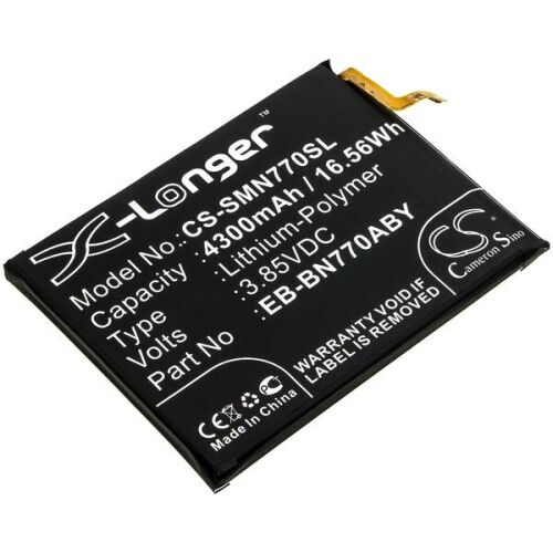 Ferdeszögű nézet az EB-BN770ABY 4300 mAh Li-Polimer utángyártott akkumulátorról, X-Longer márkajelzéssel és specifikációkkal - Mobiltelefon akkumulátor