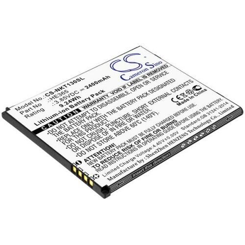 HE365 2400 mAh utángyártott lítium-ion akkumulátor látható specifikációkkal és biztonsági figyelmeztetésekkel, Cameron Sino CS-NKT130SL akkumulátor fehér háttéren - Mobiltelefon akkumulátor