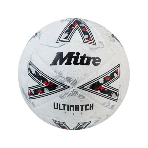 Mitre Ultimatch Evo FIFA 4-es méretű focilabda, fehér alapon fekete és piros mintákkal, fehér háttérrel - Oxbow