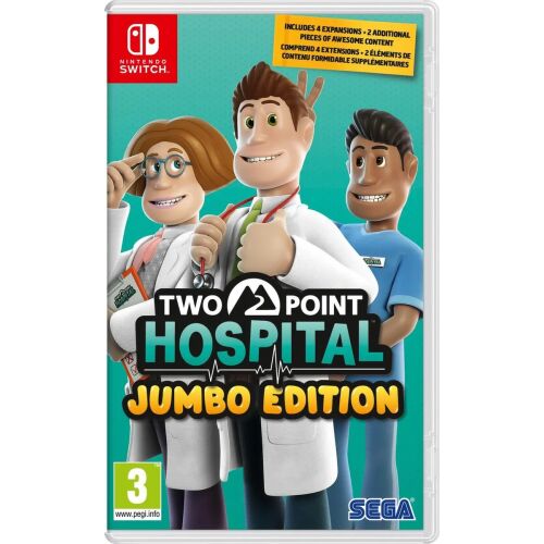Two Point Hospital Jumbo Edition játék Nintendo Switch konzolra, három rajzfilmes orvos karakterrel a borítón. - Konzol játék