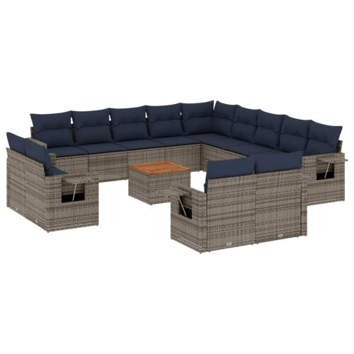vidaXL 14 db-os szürke polyrattan kerti kanapégarnitúra sötétkék párnákkal, moduláris kialakítás 