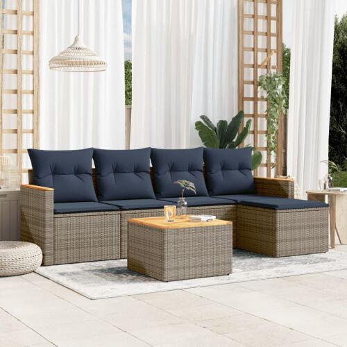 vidaXL 6 db szürke polyrattan kerti kanapégarnitúra sötétkék párnákkal és akácfa asztallal modern teraszon - Kerti garnitúra