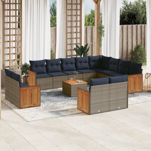 vidaXL 13 db szürke polyrattan kerti kanapégarnitúra sötétkék párnákkal, L-alakban elrendezve egy teraszon 