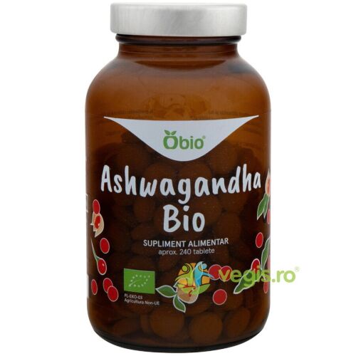 Obio Ashwagandha Bio étrendkiegészítő, 240 tabletta, támogatja a stresszoldást és az immunrendszert - Étrendkiegészítő