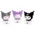 Három Hello Kitty Kuromi plüssfigura lila, fekete és szürke színben, 16 cm, szögből nézve, fehér háttérrel, puha és ölelhető játékhoz vagy dekorációhoz.