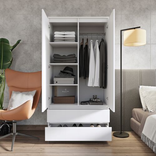 Nyitott JOELLE 90 cm-es matt fehér gardróbszekrény, mely belső polcokat, ruhaakasztó rudat és ruhákkal, kiegészítőkkel teli fiókokat mutat - Gardrób