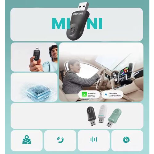 Kollázs az Ottocast Mini 2 az 1-ben vezeték nélküli Adapter CA505-T használatát és funkcióit bemutatva - Bluetooth adapter