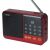 Setty mini FM rádió és Bluetooth hangszóró SFM-01M, piros, szögből nézve, fehér háttérrel, antennával, kijelzővel és vezérlőgombokkal, kissé eltérő szögből, mint az 1. kép