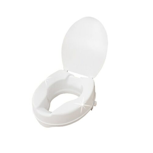PDS Care fehér 10 cm magasított WC-ülőke fedéllel, ergonómikus és higiénikus időseknek és mozgáskorlátozottaknak, elölnézet felülről fehér háttéren - Fürdőszobai kiegészítő