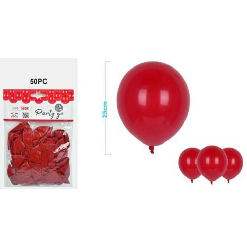 LUFI PIROS 50DB 25CM piros latex lufik 50 darabos csomagban, egy felfújt léggömbbel a 25cm-es méretet szemléltetve, ideális partikra és ünnepségekre 