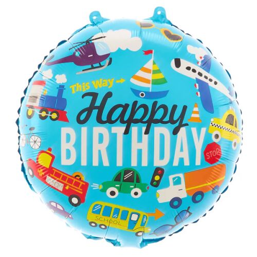 Járművek, kék, Happy Birthday, fólia lufi, 18"/45cm
