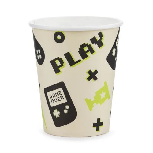 Papír pohár konzol mintákkal, 'PLAY' felirattal és retro játékvezérlő dizájnnal, 6 db-os csomagban bulikra. - Eldobható pohár