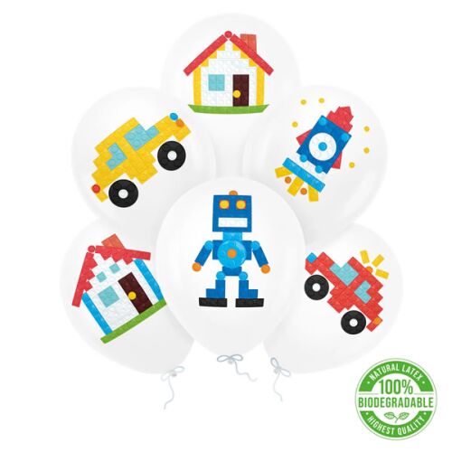 Lufi latex léggömbök építőkocka mintákkal, 6 db-os csomag, pixel art ház, autó, robot és rakéta mintákkal, 100% természetes és biológiailag lebomló - Otthon és kert