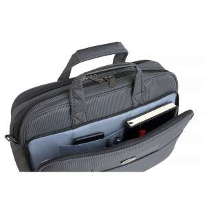 Black laptop bag with multiple pockets, showing the inside with a laptop, phone, and notebook - Laptop Bag and Case