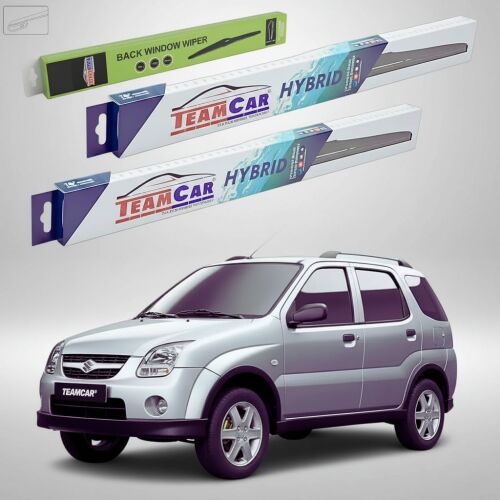 TeamCar Hibrid első és hátsó ablaktörlő lapát szett csomagolása egy ezüst Suzuki Ignis II MH Hatchback 2003-2007 mellett - ‪Ablaktörlő lapát