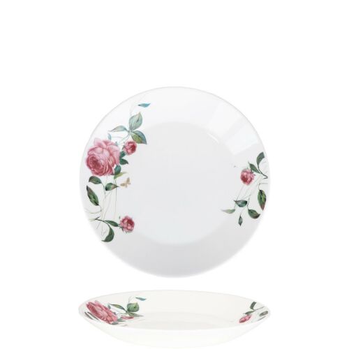 Lapos opál tányér rózsás mintával, 19 cm, étkezéshez vagy dekorációhoz - Tányér
