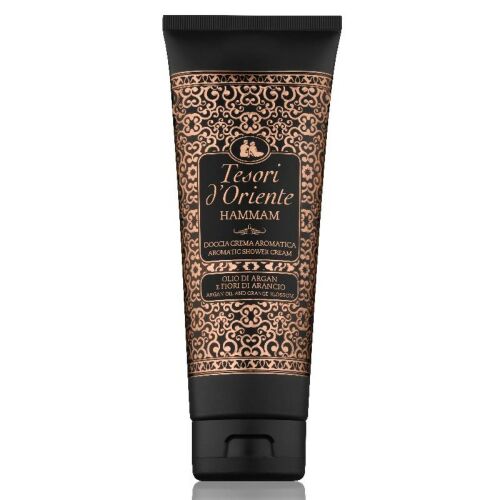 Tesori d'Oriente Hammam aromás krémtusfürdő 250ml, fekete tubus arany marokkói mintával, argánolaj és narancsvirág illatú tusfürdő - Tesori d'Oriente