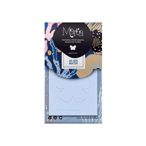 Marta la Farfalla Card autóillatosító Silverwater illattal, termék csomagolása kék pillangó alakú illatosítóval belül, 12 db/karton - Marta la Farfalla
