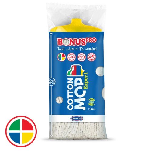 BonusPRO CottonMOP Expert sárga 350g eredeti csomagolásban, bemutatva a felmosófejet pamutszálakkal és kék márkajelzéssel, hatékony tisztításhoz alkalmas - Bonus