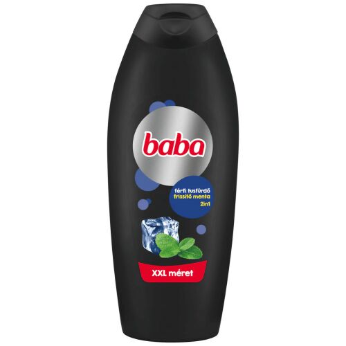 Baba férfi tusfürdő frissítő menta 2in1, 750 ml, fekete flakon ezüst Baba logóval, jégkocka és mentalevél grafikával, 'XXL méret' felirattal, elölnézet - Tusfürdő