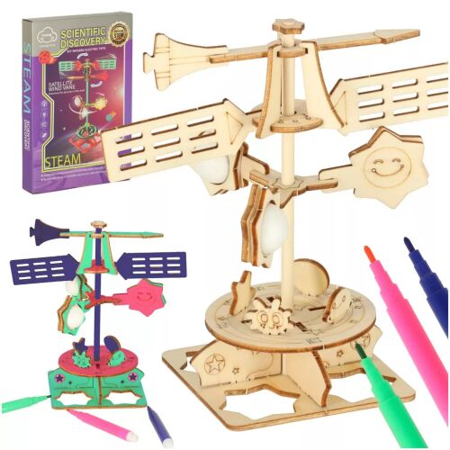 Fa puzzle 3d tudományos modell szélkakas kollázs, amely a fa tudományos modell szélkakas, színezett változatát, filctollakat és termékcsomagolást mutatja - Tudományos és felfedező játék