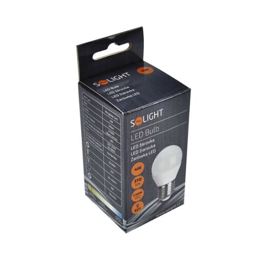 Solight WZ411 4W LED izzó kiskereskedelmi csomagolásban, termékleírással és egy E27-es izzó grafikájával. - Solight