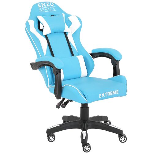 EXTREME ENZO kék és fehér gamer szék sima háttámla állítással és állítható párnákkal, döntött nézetben fehér háttéren - Gamer szék