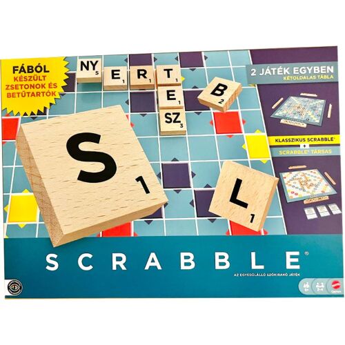 Fa Scrabble Original és Társas 2az1-ben társasjáték a Mattel-től, mely a dobozt, fa betűlapkákat és a játéktábla részletét mutatja. Klasszikus Scrabble és gyorsabb társas játékmódot kínál. - Scrabble