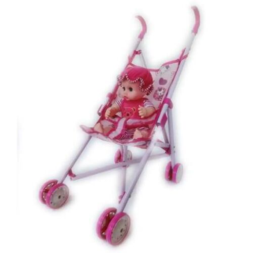 Fémvázas babakocsi játék babával, fehér és pink színű játék babakocsi lányoknak, szabadtéri játékhoz - Játék babakocsi