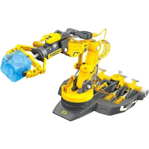 Ferdeszögű nézet a 3 az 1-ben Hidraulikus robotkar 220 db-os STEM játékról, átlátszó fogókarommal, fehér háttérrel - Tudományos és felfedező játék