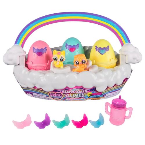 Hatchimals Alive Neon Rainbow Tavaszi kosár szett három pasztell tojással, két kikelt figurával és színes szárnyakkal, fehér háttér előtt, Spin Master játék gyerekeknek - Hatchimals