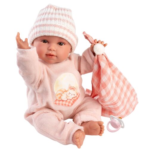 Llorens Olivia 38 cm-es síró baba kockás takaróval, rózsaszín rugdalózóban és csíkos sapkában, takarót tartva, cumival - Baba