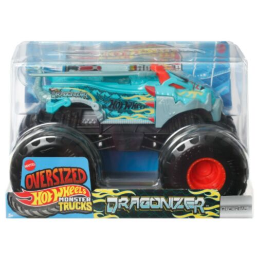 Hot Wheels Monster Trucks Dragonizer 1/24 méretarányú monster truck játék átlátszó műanyag csomagolásban, türkiz sárkány témájú dizájnnal, piros kerekekkel és fekete gumikkal, 3+ éves gyerekeknek - Játék autó