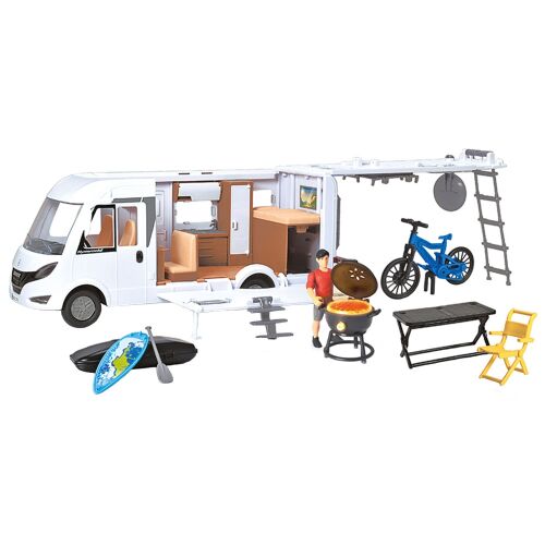 Dickie Toys Camper Hymer Camping Van Class B figurával, kerékpárral, grillezővel, asztallal és székkel, részletes gyermek lakóautó játék nyitott belső térrel és kiegészítőkkel fantáziadús játékhoz - Játék