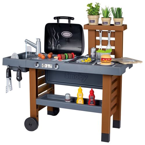 Smoby Garden Konyha grillezővel, mosogatóval és különböző játék élelmiszer kiegészítőkkel gyerekeknek, 3/4 nézet fehér háttérrel - Babakonyha és játékkonyha