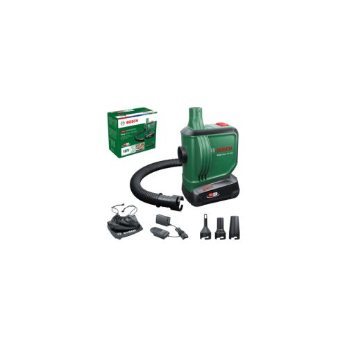 Bosch EasyInflate 18V-500 akkus sűrített levegős kompresszor, tömlő, három fúvóka tartozék, töltési kiegészítők és két dobozos termék, mindez fehér háttér előtt, szögletes nézetben 