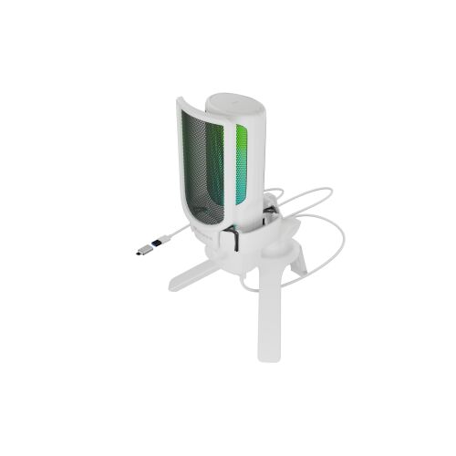 NATEC GENESIS Radium 250 USB kondenzátor mikrofon fehér színben, RGB világítással és állvánnyal, döntött nézet - Audio