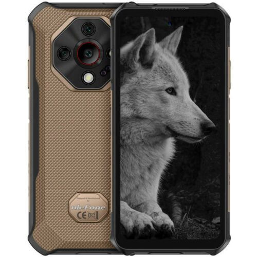 Ulefone Armor X16 Pro strapabíró okostelefon bézs színben, elöl és hátul nézve, farkast ábrázolva a kijelzőn - Mobiltelefon