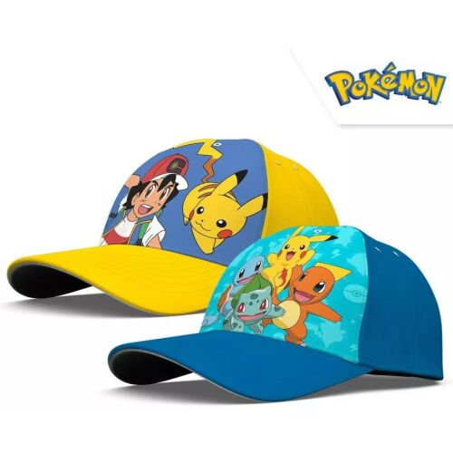 Két Pokémon Elements gyerek baseball sapka: egy sárga Ash és Pikachu mintával, egy kék Pikachu, Squirtle, Bulbasaur és Charmander mintával, fehér háttérrel, Pokémon logóval. - Baba és tipegő