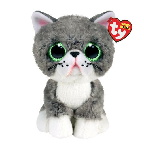 BOOS plüss figura FERGUS, 15 cm, szürke macska plüss játék nagy zöld szemekkel és piros TY címkével, elölnézet fehér háttéren - Plüssjáték