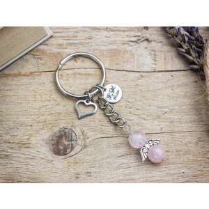 Szeretlek Keresztanya kulcstartó rózsakvarc angyal charm-mal és szívvel - Ajándék kulcstartó