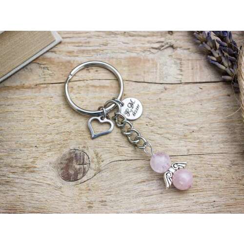 Szeretlek Keresztanya kulcstartó rózsakvarc angyal charm-mal és szívvel