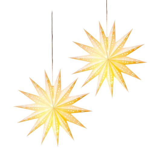Két Papírcsillag LED-es karácsonyi csillag dekoráció, 55 cm-es, távirányítóval, 8 világítási móddal, papírból készült, fehér háttéren elszigetelve, 3/4 nézetben - Karácsonyi dekoráció